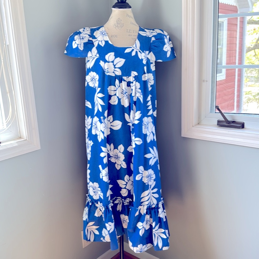 Vintage Royal Creations blue hibiscus Cap sleeved midi long dress Like New Large